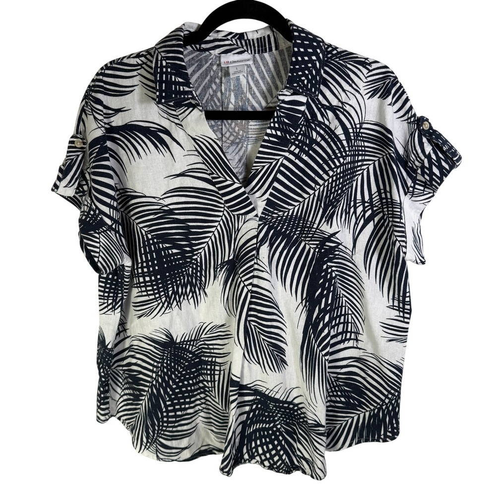 Liz Claiborne Womens Large Linen Blend Palm Leaf V-Neck Cuffed Sleeve Top Navy